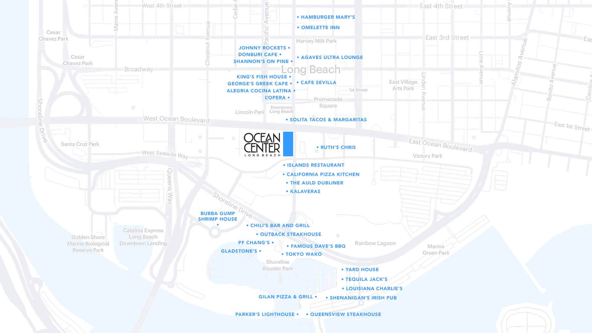 Restaurant Row on White_1920_LQ A map of Long Beach highlighting various dining locations in blue text. The center prominently shows "OCEAN CENTER Long Beach." Notable places include Hamburger Mary’s, George’s Greek Cafe, Bubba Gump Shrimp Co., Island’s Fine Burgers, and others.